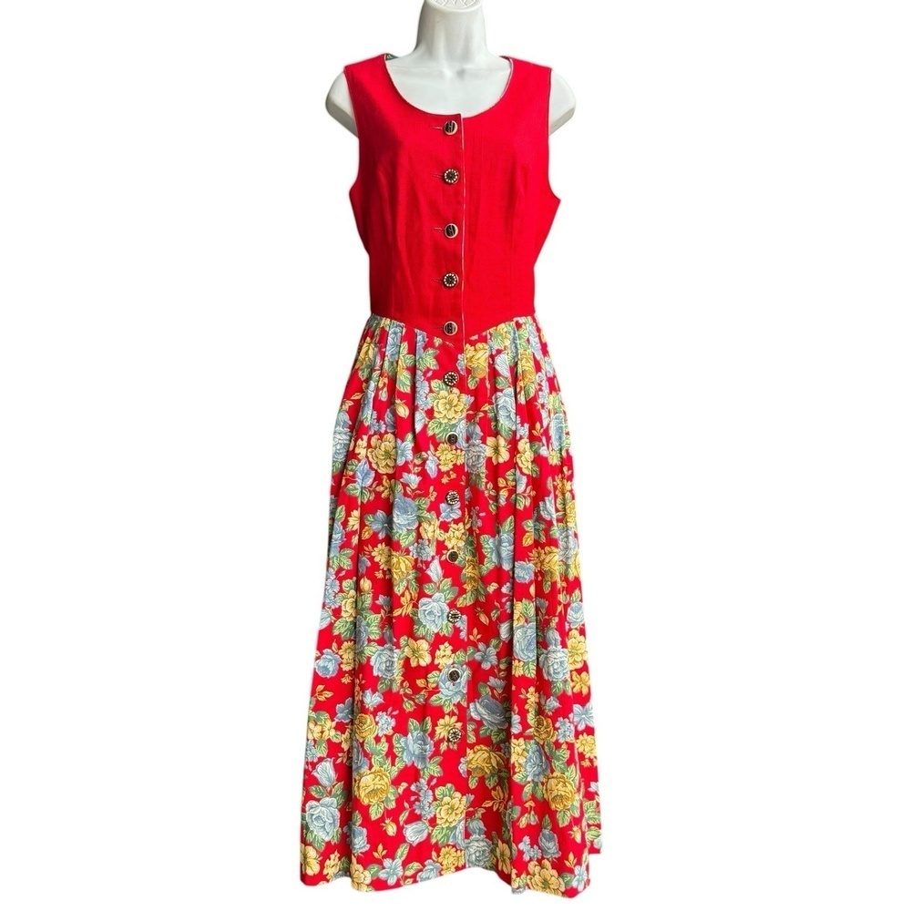 Vtg UNBRANDED Hawaii Cottagecore Maxi Dress Hippie Floral Red Pockets Sz 40